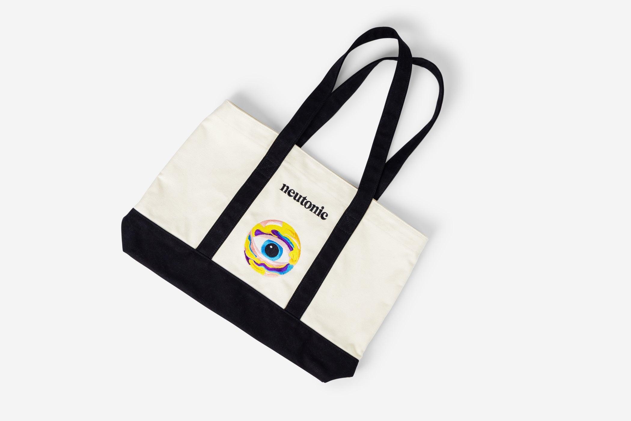 Canvas tote bag with black straps and black base, featuring colorful eye design and "nootropics" text. - Neutonic - Tote Bag