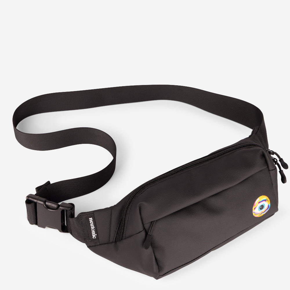 Black nylon side bag with adjustable strap and colorful nootropics logo patch on front pocket. - Neutonic - Side Bag