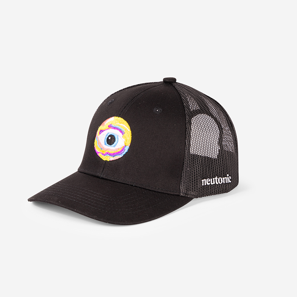 Black trucker cap with colorful eye graphic and white "neutornik" text, mesh back, nootropics theme. - Neutonic - Trucker Cap - Eye